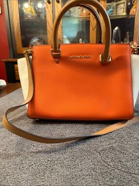 Michael Kors Orange, Cream and Tan Saffiano Leather Satchel